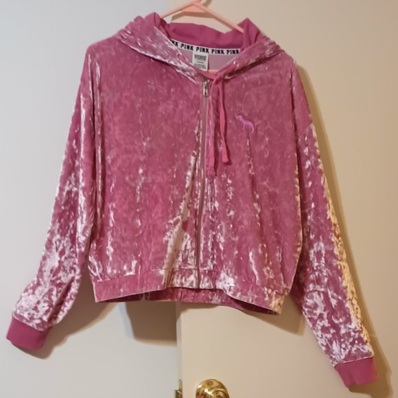 EUC ~Victoria Secret's PINK Velour Full-Zip Crop Hoodie w/ Embroidered Dog Logo - Picture 1 of 4